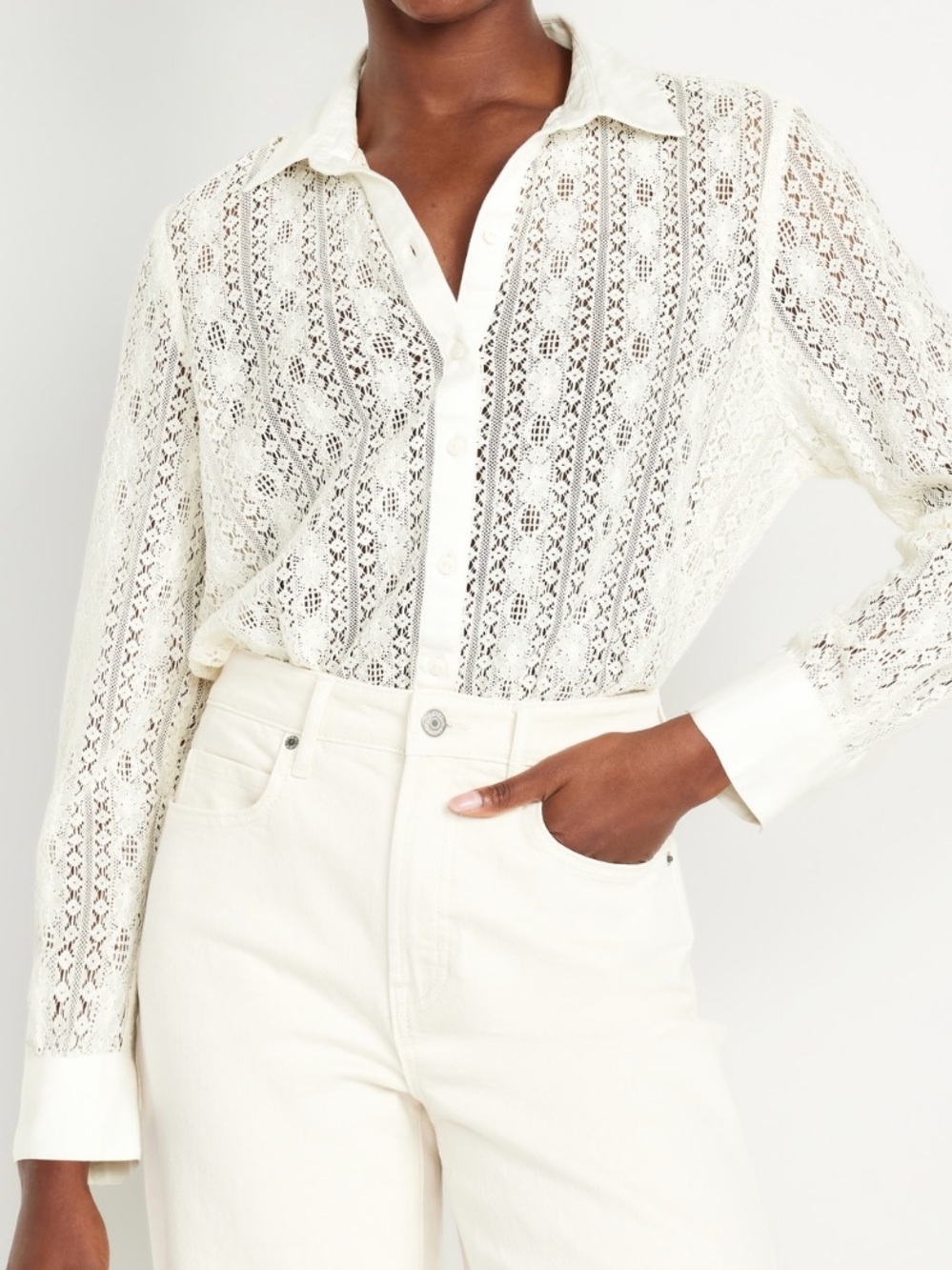 Cream Lace Button-Up Blouse